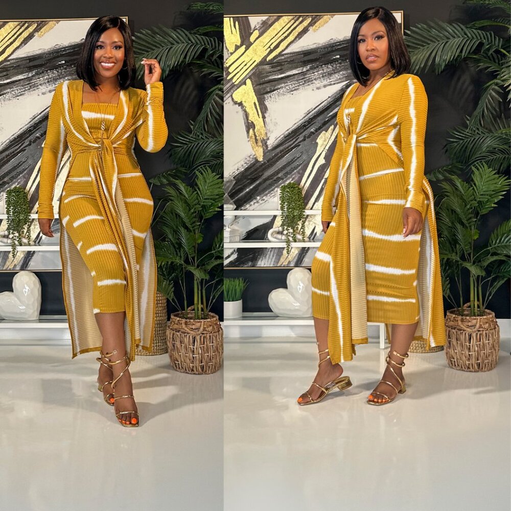 Strut Sis Tye Dye Cardigan and Dress Set | Versatile Day-to-Night Out | Mustard